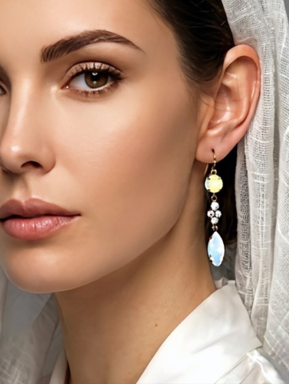 White Opal AB Swarovski Crystals In Three Tier Bridal Sparkling Brass Earrings